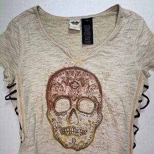 Harley Davidson Womens Skull Lace Up Side Shirt Size S Beige Cotton‎ Blend